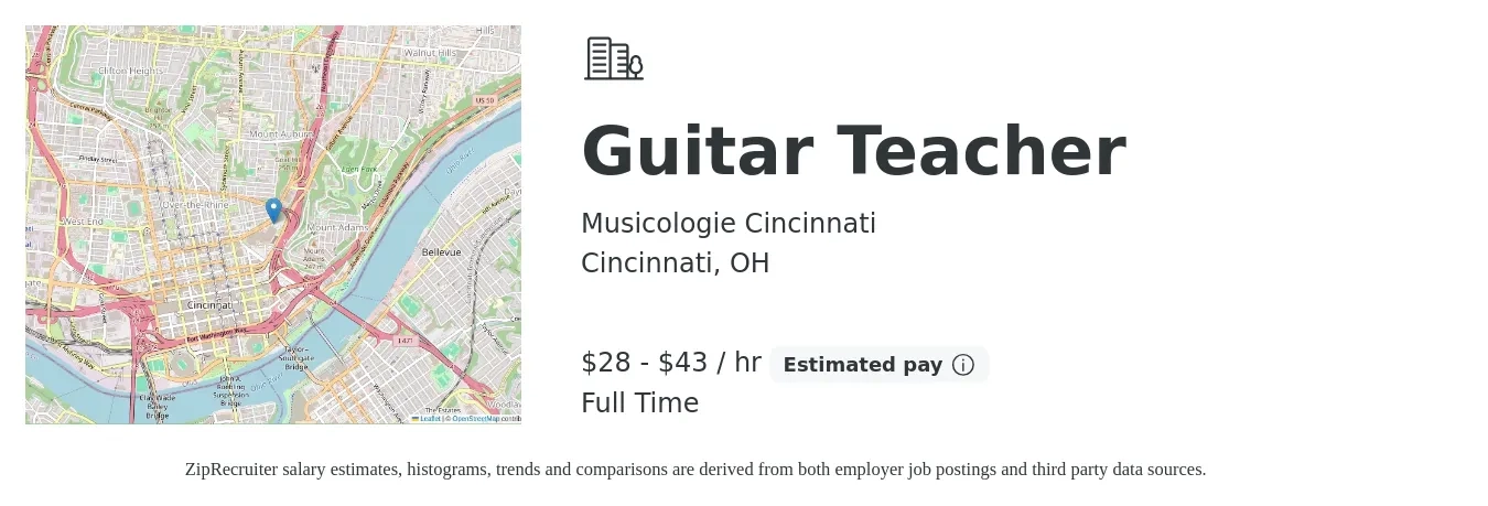 Musicologie Cincinnati job posting for a Guitar Teacher in Cincinnati, OH with a salary of $30 to $45 Hourly with a map of Cincinnati location.