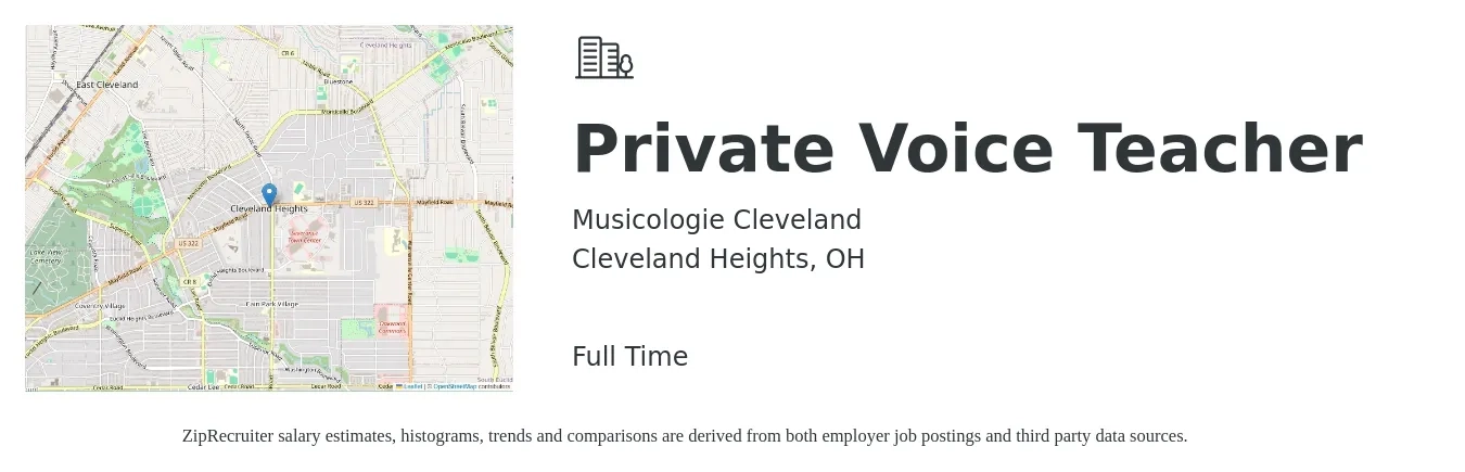 Musicologie Cleveland job posting for a Private Voice Teacher in Cleveland Heights, OH with a salary of $44,600 to $66,400 Yearly with a map of Cleveland Heights location.