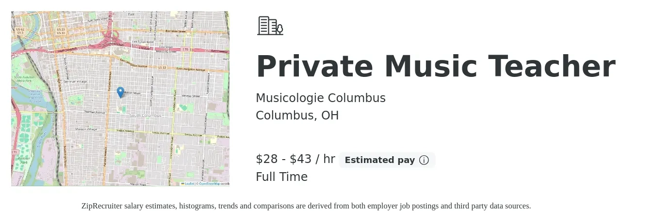 Musicologie Columbus job posting for a Private Music Teacher in Columbus, OH with a salary of $30 to $45 Hourly with a map of Columbus location.