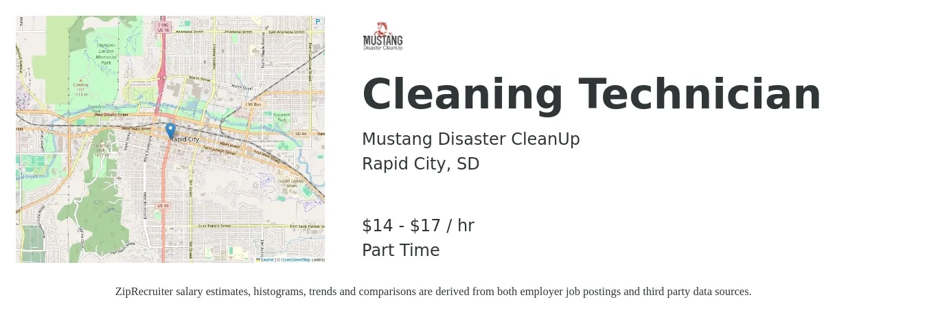 Mustang Disaster CleanUp job posting for a Cleaning Technician in Rapid City, SD with a salary of $15 to $18 Hourly with a map of Rapid City location.