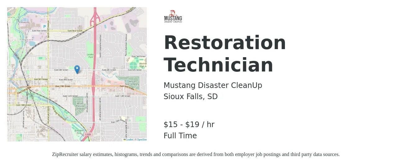 Mustang Disaster CleanUp job posting for a Restoration Technician in Sioux Falls, SD with a salary of $16 to $20 Hourly with a map of Sioux Falls location.