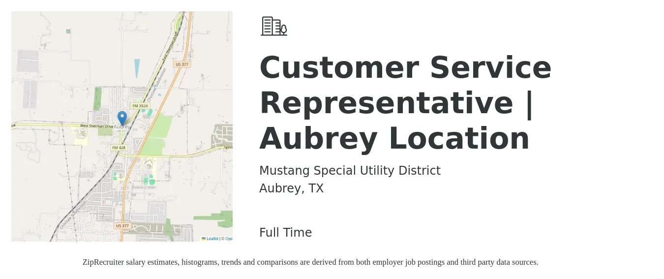 Mustang Special Utility District job posting for a Customer Service Representative | Aubrey Location in Aubrey, TX with a salary of $20 Hourly with a map of Aubrey location.
