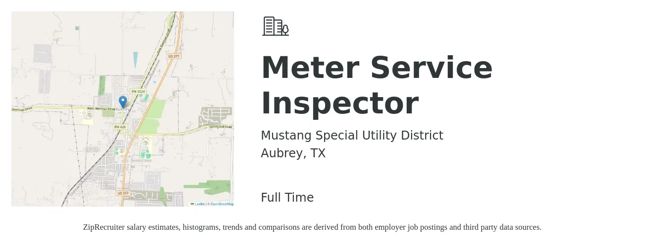 Mustang Special Utility District job posting for a Meter Service Inspector in Aubrey, TX with a salary of $20 Hourly with a map of Aubrey location.
