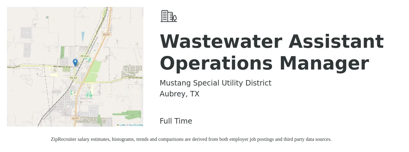 Mustang Special Utility District job posting for a Wastewater Assistant Operations Manager in Aubrey, TX with a salary of $39,100 to $64,600 Yearly with a map of Aubrey location.