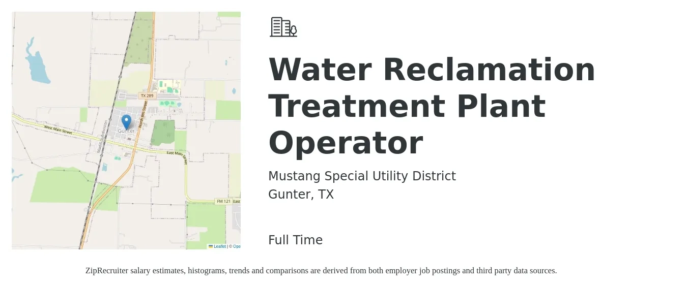 Mustang Special Utility District job posting for a Water Reclamation Treatment Plant Operator in Gunter, TX with a salary of $20 Hourly with a map of Gunter location.