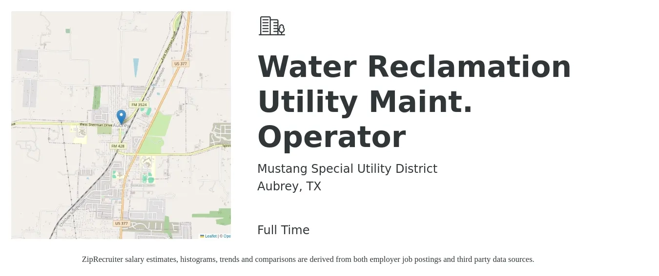 Mustang Special Utility District job posting for a Water Reclamation Utility Maint. Operator in Aubrey, TX with a salary of $160 Hourly with a map of Aubrey location.