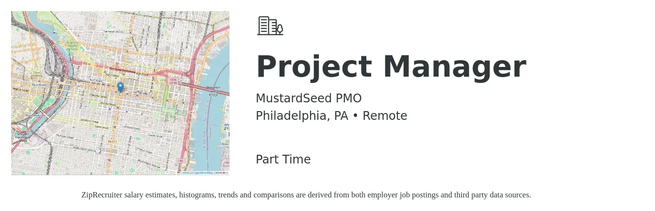 MustardSeed PMO job posting for a Project Manager in Philadelphia, PA with a salary of $79,200 to $124,100 Yearly with a map of Philadelphia location.