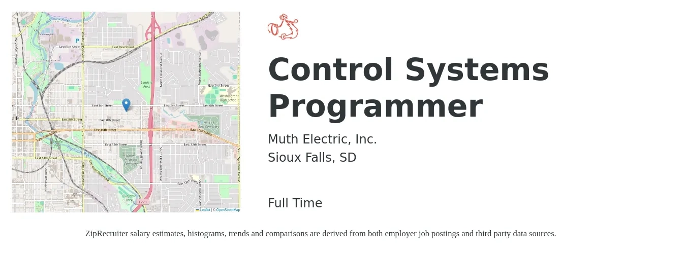 Muth Electric, Inc. job posting for a Control Systems Programmer in Sioux Falls, SD with a salary of $65,500 to $89,100 Yearly with a map of Sioux Falls location.