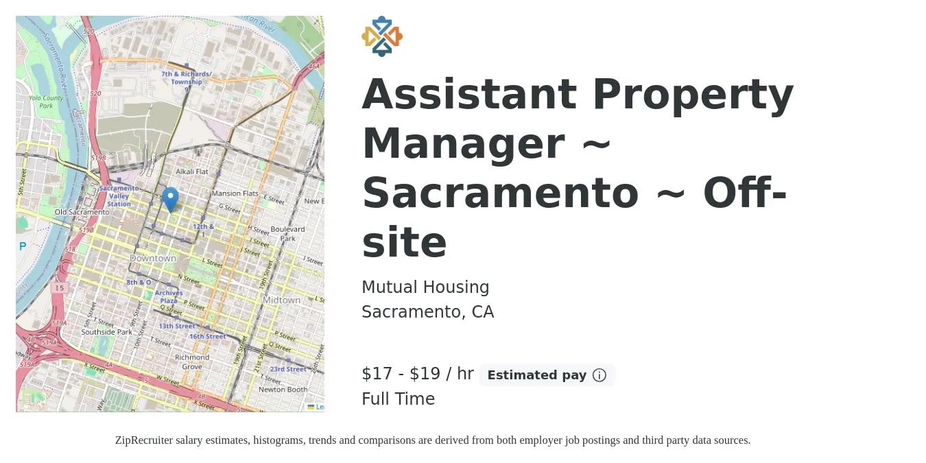 Mutual Housing job posting for a Assistant Property Manager ~ Sacramento ~ Off-site in Sacramento, CA with a salary of $18 to $20 Hourly with a map of Sacramento location.