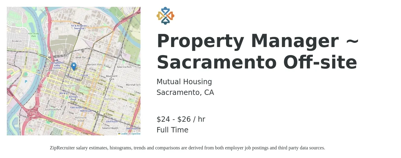Mutual Housing job posting for a Property Manager ~ Sacramento Off-site in Sacramento, CA with a salary of $25 to $28 Hourly with a map of Sacramento location.