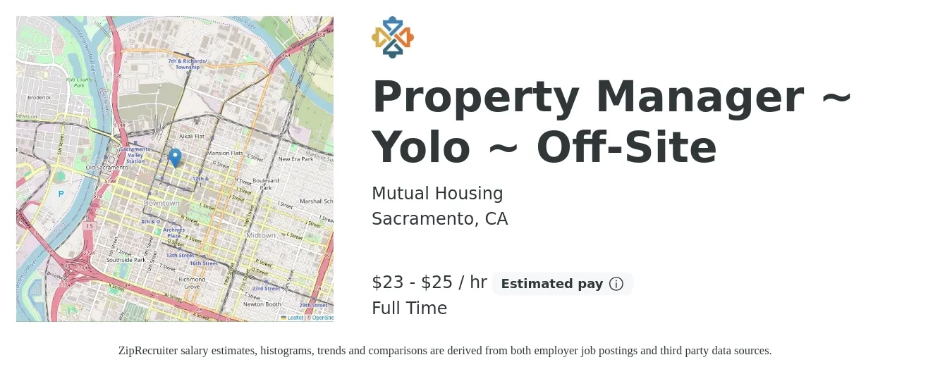 Mutual Housing job posting for a Property Manager ~ Yolo ~ Off-Site in Sacramento, CA with a salary of $24 to $26 Hourly with a map of Sacramento location.
