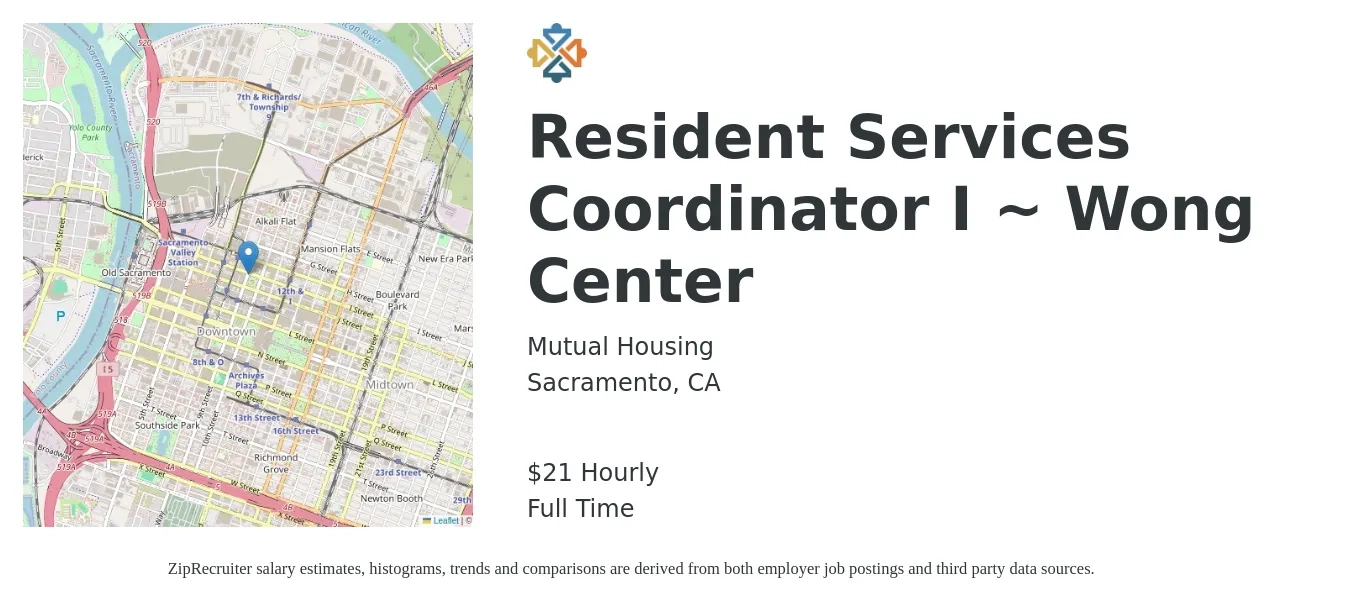 Mutual Housing job posting for a Resident Services Coordinator I ~ Wong Center in Sacramento, CA with a salary of $22 to $23 Hourly with a map of Sacramento location.