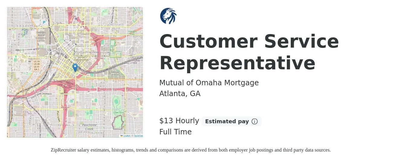 Mutual of Omaha Mortgage job posting for a Customer Service Representative in Atlanta, GA with a salary of $14 Hourly with a map of Atlanta location.