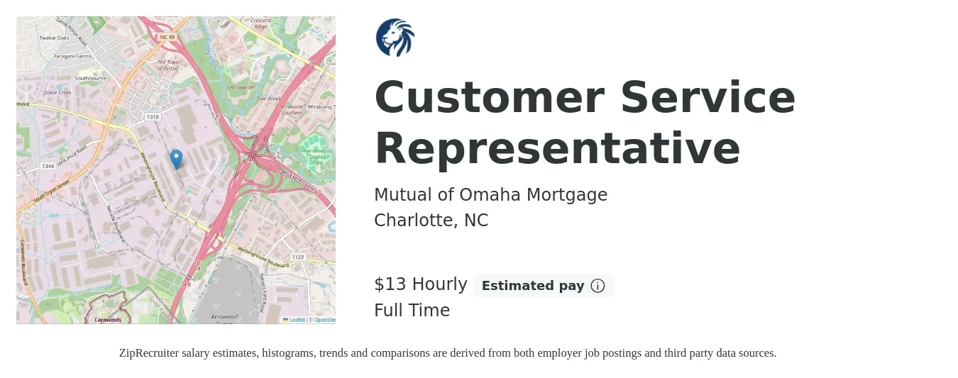 Mutual of Omaha Mortgage job posting for a Customer Service Representative in Charlotte, NC with a salary of $14 Hourly with a map of Charlotte location.