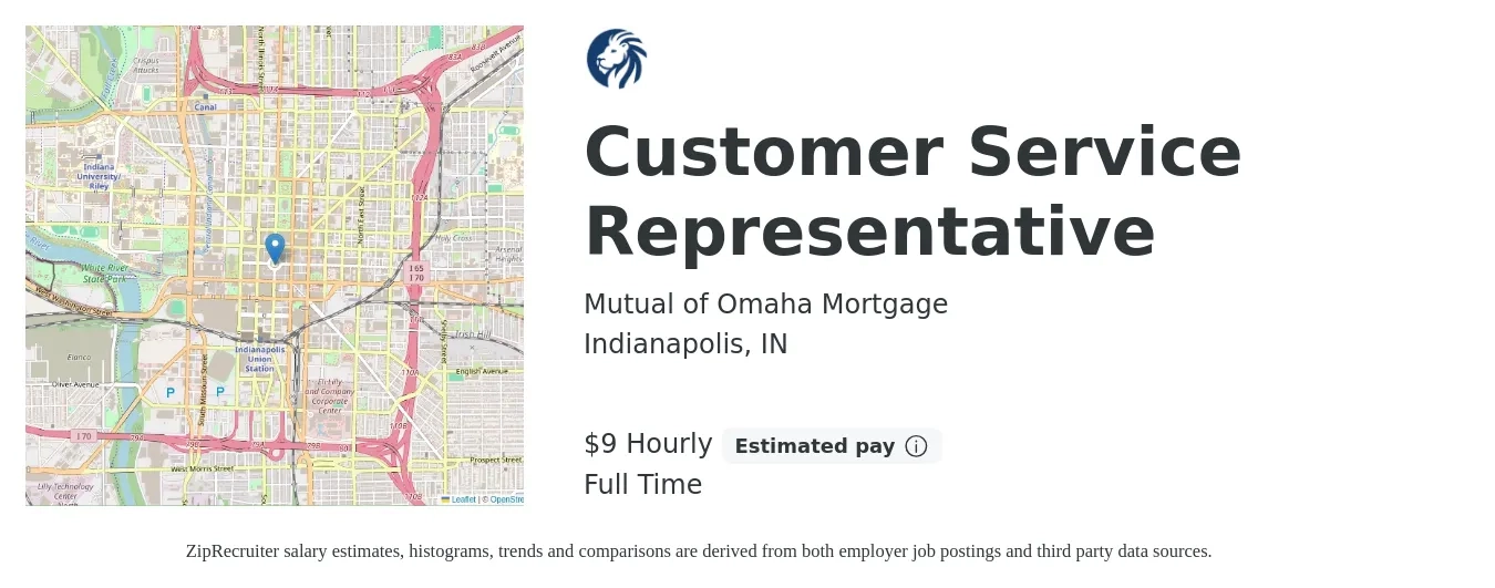Mutual of Omaha Mortgage job posting for a Customer Service Representative in Indianapolis, IN with a salary of $10 Hourly with a map of Indianapolis location.