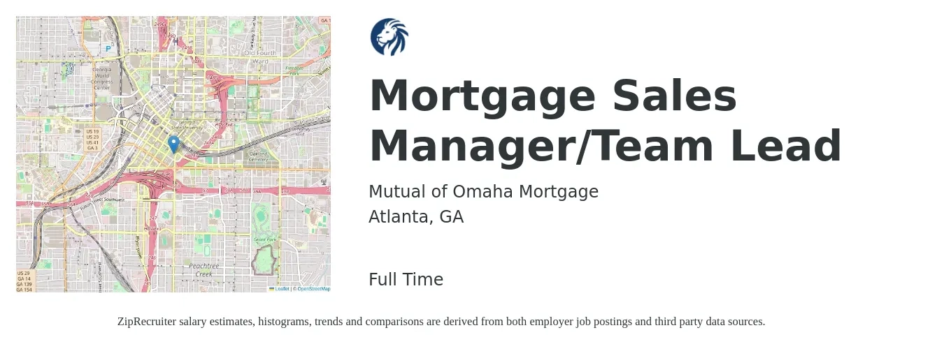 Mutual of Omaha Mortgage job posting for a Mortgage Sales Manager/Team Lead in Atlanta, GA with a salary of $72,100 to $232,700 Yearly with a map of Atlanta location.