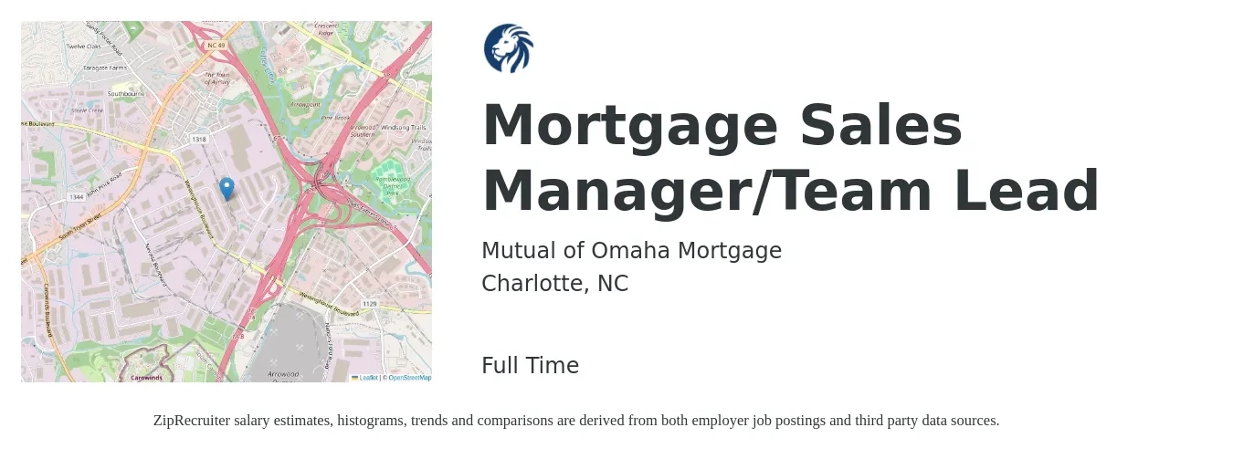 Mutual of Omaha Mortgage job posting for a Mortgage Sales Manager/Team Lead in Charlotte, NC with a salary of $100,000 to $250,000 Yearly and benefits including pto, retirement, vision, dental, life_insurance, and medical with a map of Charlotte location.