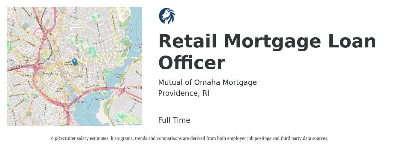 Mutual of Omaha Mortgage job posting for a Retail Mortgage Loan Officer in Providence, RI with a salary of $12 to $15 Hourly with a map of Providence location.