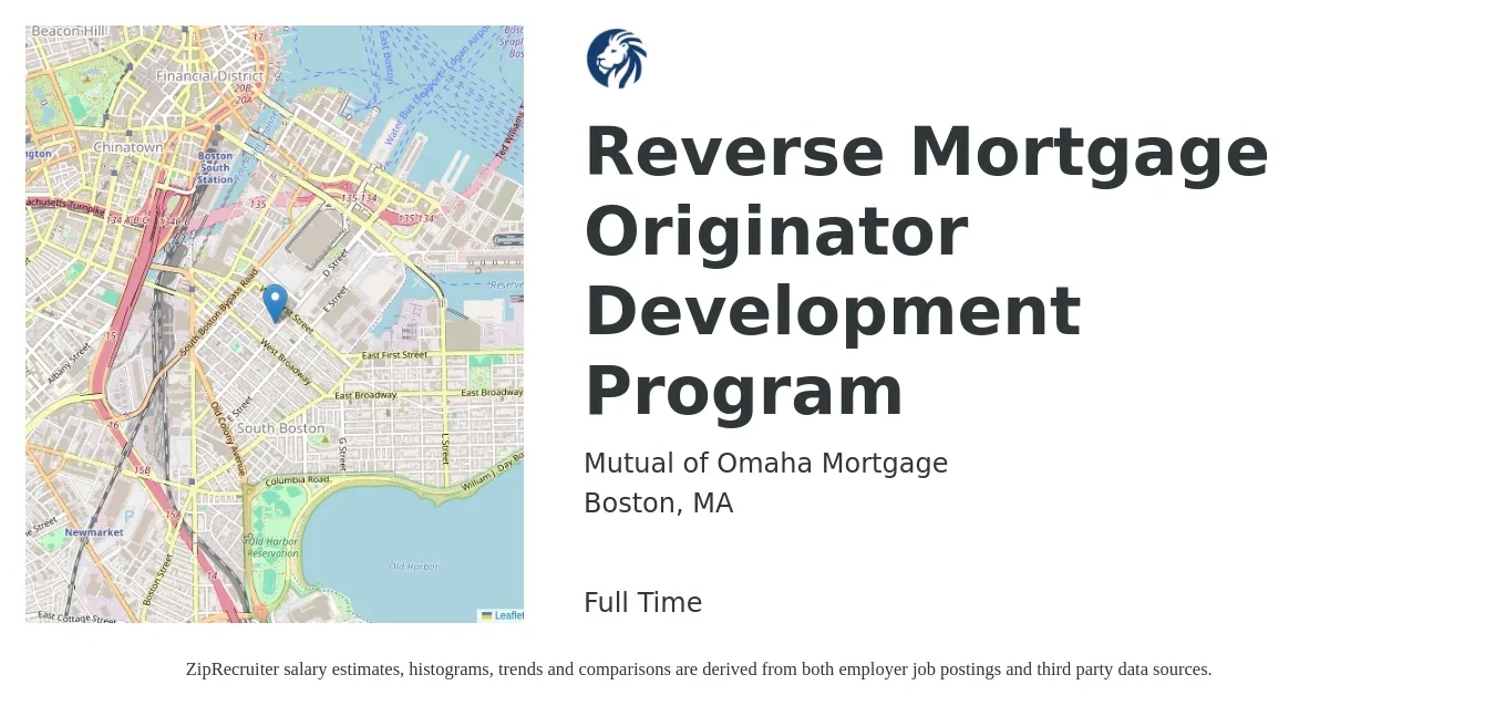 Mutual of Omaha Mortgage job posting for a Reverse Mortgage Originator Development Program in Boston, MA with a salary of $150,000 Yearly with a map of Boston location.