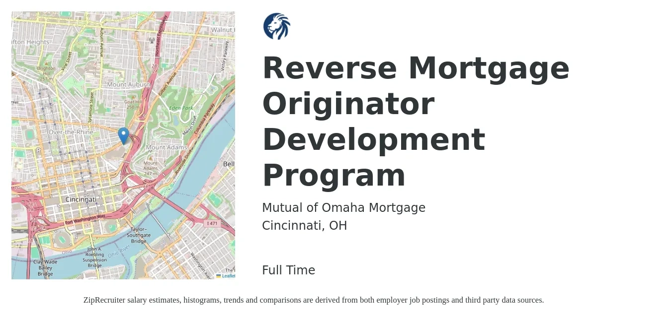 Mutual of Omaha Mortgage job posting for a Reverse Mortgage Originator Development Program in Cincinnati, OH with a salary of $150,000 Yearly with a map of Cincinnati location.