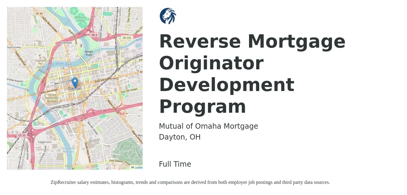 Mutual of Omaha Mortgage job posting for a Reverse Mortgage Originator Development Program in Dayton, OH with a salary of $150,000 Yearly with a map of Dayton location.