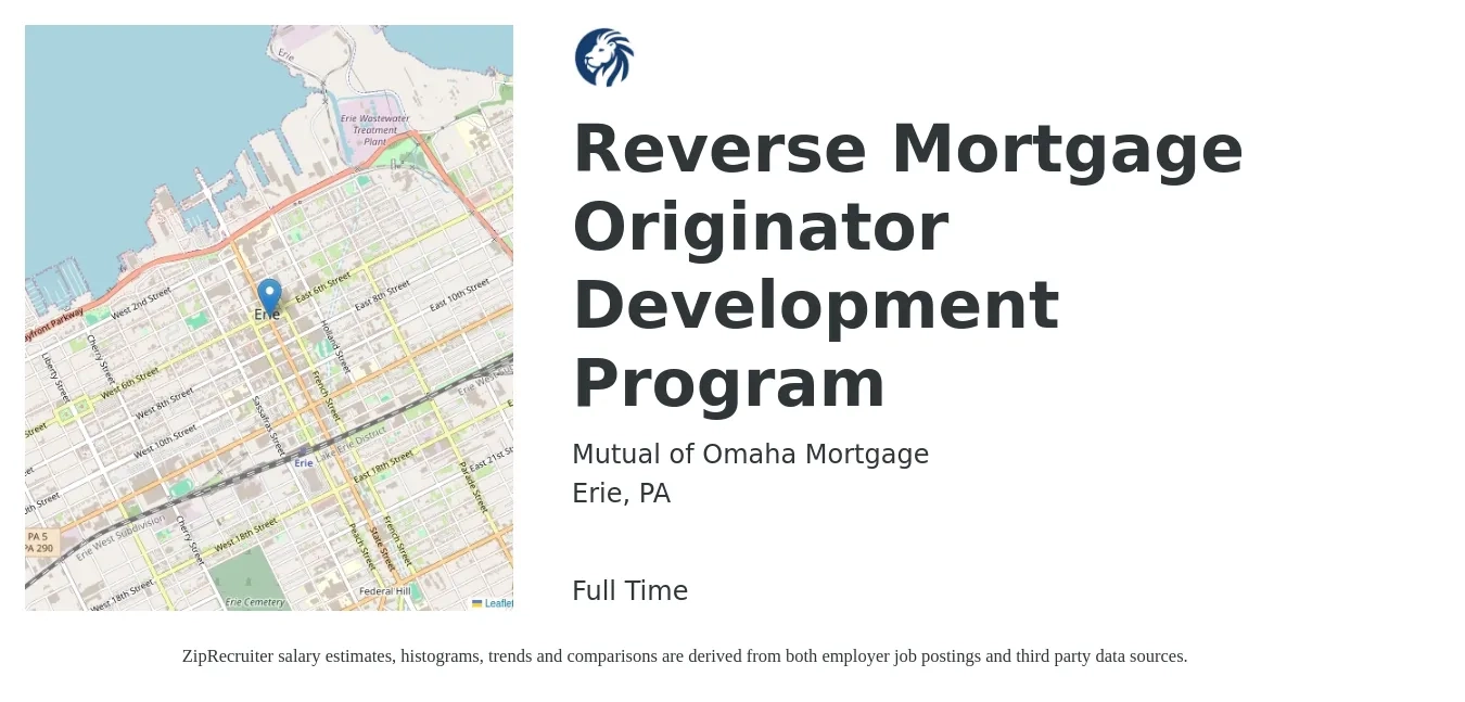 Mutual of Omaha Mortgage job posting for a Reverse Mortgage Originator Development Program in Erie, PA with a salary of $150,000 Yearly with a map of Erie location.
