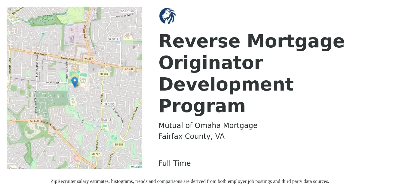 Mutual of Omaha Mortgage job posting for a Reverse Mortgage Originator Development Program in Fairfax County, VA with a salary of $150,000 Yearly with a map of Fairfax County location.