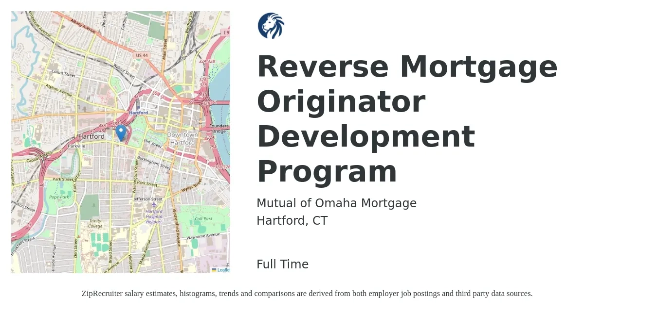 Mutual of Omaha Mortgage job posting for a Reverse Mortgage Originator Development Program in Hartford, CT with a salary of $150,000 Yearly with a map of Hartford location.