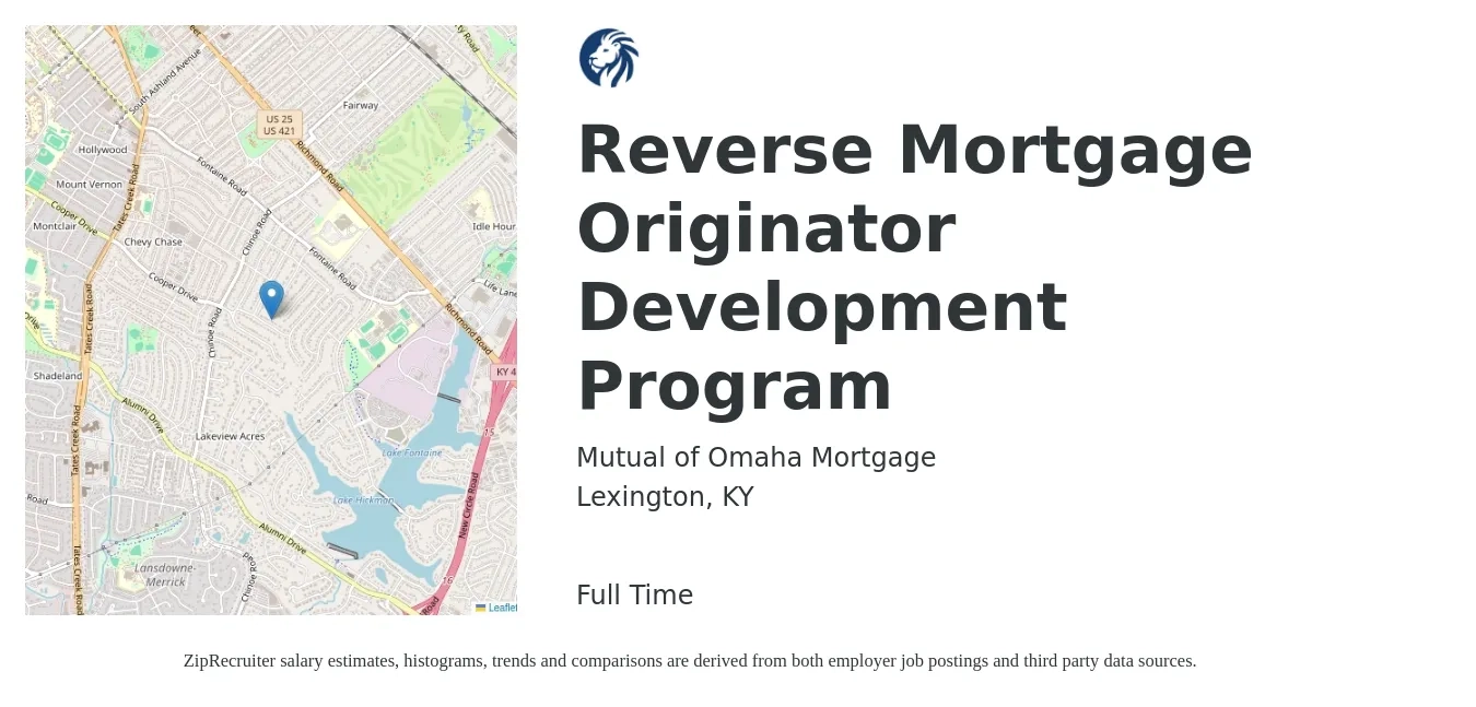 Mutual of Omaha Mortgage job posting for a Reverse Mortgage Originator Development Program in Lexington, KY with a salary of $150,000 Yearly with a map of Lexington location.
