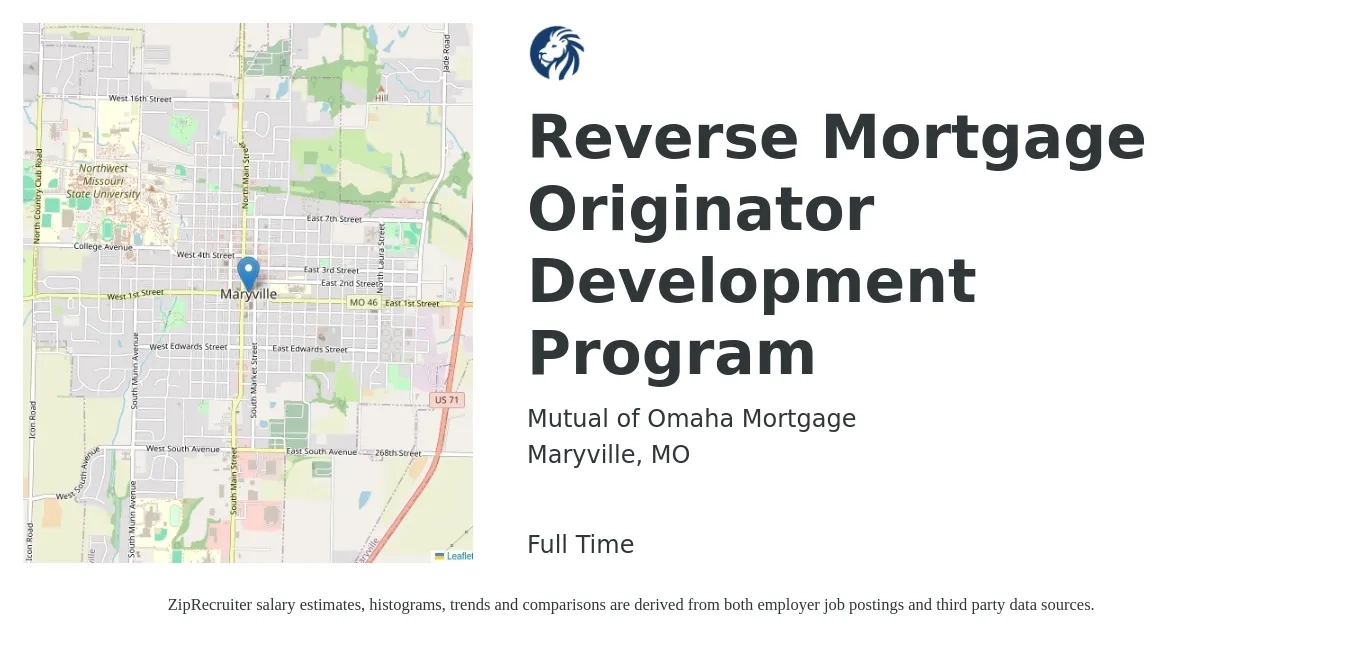 Mutual of Omaha Mortgage job posting for a Reverse Mortgage Originator Development Program in Maryville, MO with a salary of $150,000 Yearly with a map of Maryville location.