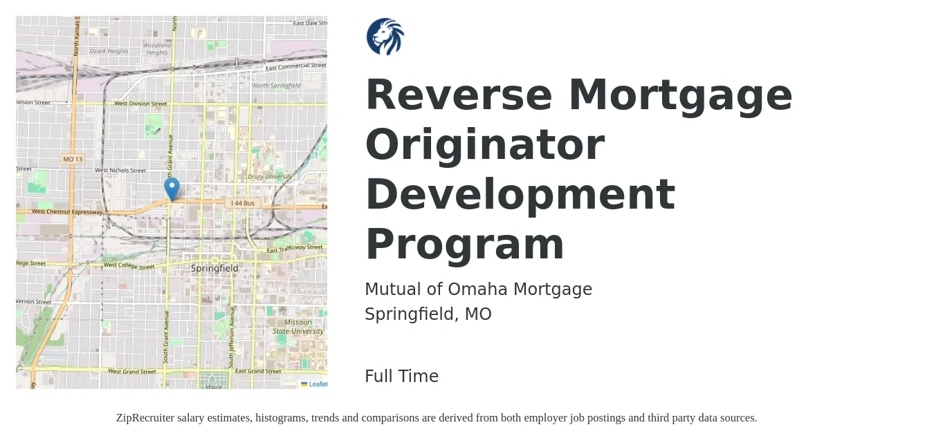 Mutual of Omaha Mortgage job posting for a Reverse Mortgage Originator Development Program in Springfield, MO with a salary of $150,000 Yearly with a map of Springfield location.