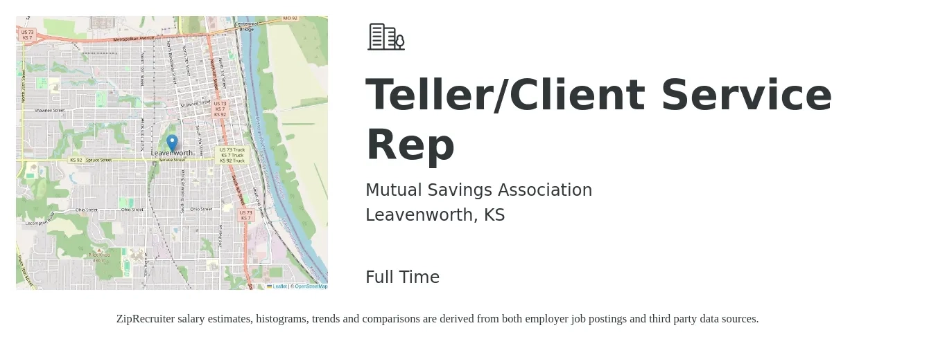 Mutual Savings Association job posting for a Teller/Client Service Rep in Leavenworth, KS with a salary of $15 to $20 Hourly with a map of Leavenworth location.