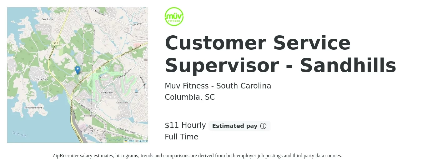 Muv Fitness - South Carolina job posting for a Customer Service Supervisor - Sandhills in Columbia, SC with a salary of $12 Hourly with a map of Columbia location.