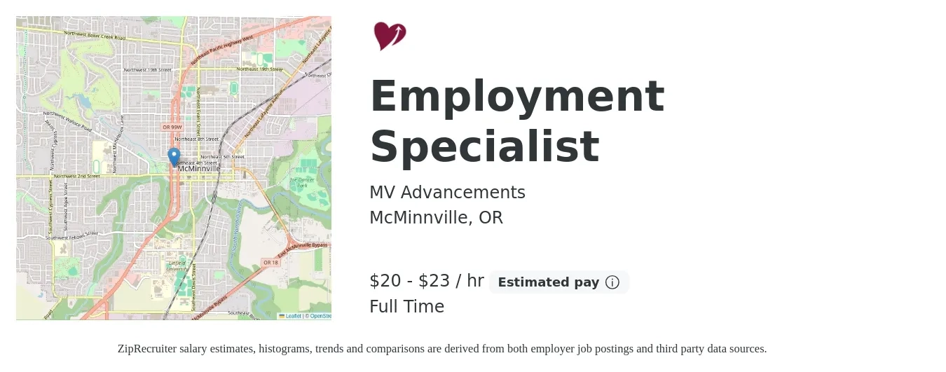 MV Advancements job posting for a Employment Specialist in McMinnville, OR with a salary of $21 to $24 Hourly with a map of McMinnville location.