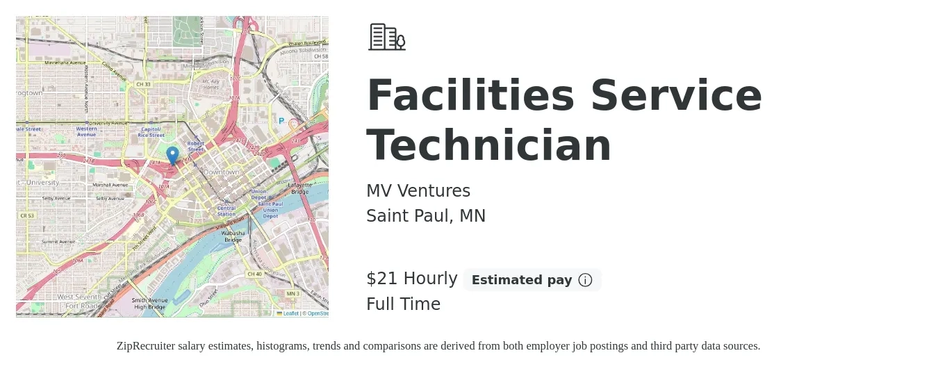 MV Ventures job posting for a Facilities Service Technician in Saint Paul, MN with a salary of $22 Hourly with a map of Saint Paul location.
