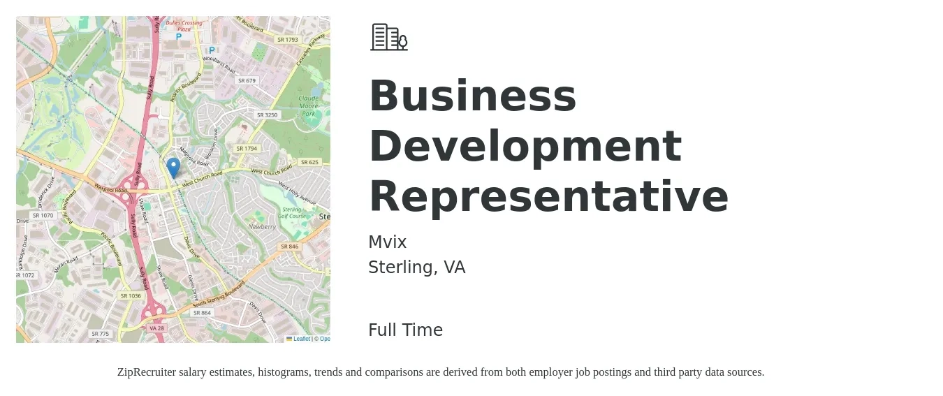 Mvix job posting for a Business Development Representative in Sterling, VA with a salary of $44,600 to $69,300 Yearly with a map of Sterling location.