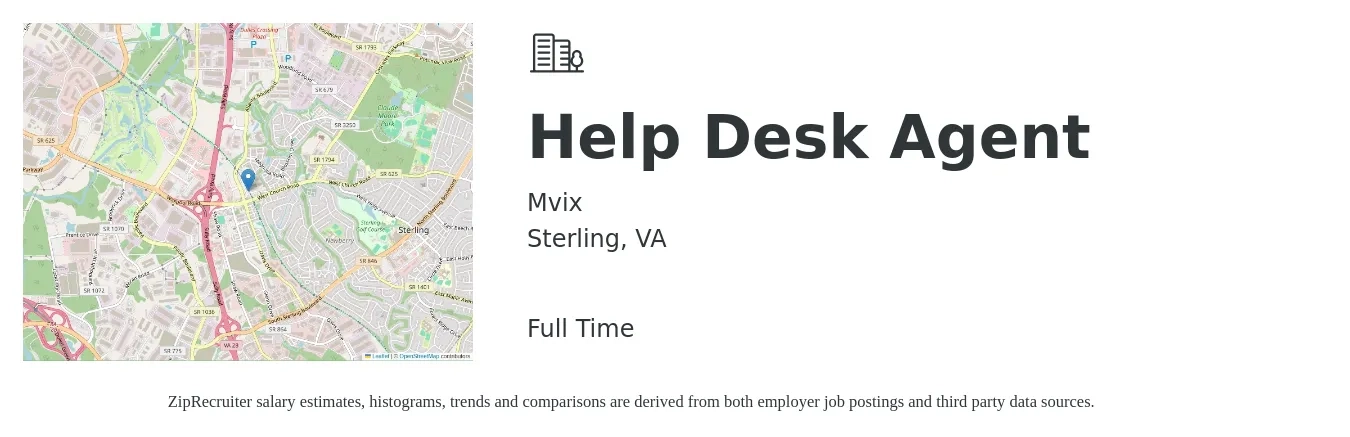 Mvix job posting for a Help Desk Agent in Sterling, VA with a salary of $17 to $22 Hourly with a map of Sterling location.