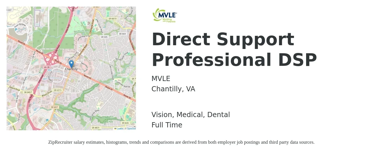 MVLE job posting for a Direct Support Professional DSP in Chantilly, VA with a salary of $15 to $19 Hourly and benefits including vision, dental, life_insurance, and medical with a map of Chantilly location.
