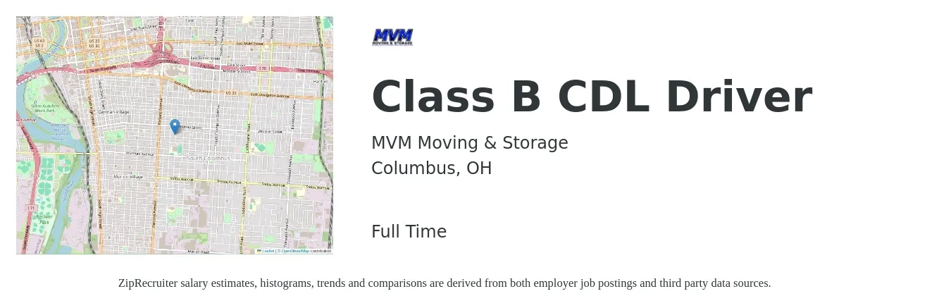 MVM Moving & Storage job posting for a Class B CDL Driver in Columbus, OH with a salary of $20 to $24 Hourly with a map of Columbus location.