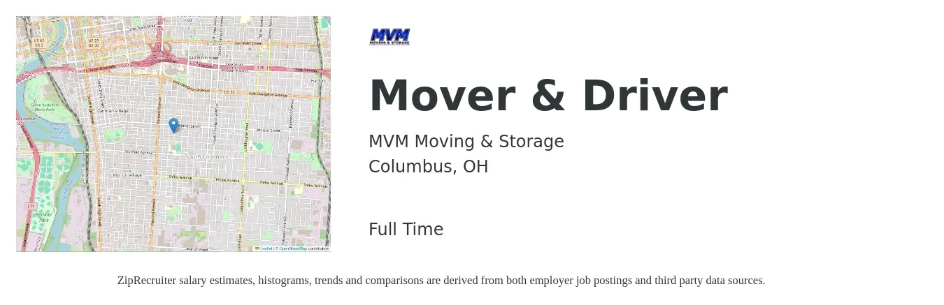 MVM Moving & Storage job posting for a Mover & Driver in Columbus, OH with a salary of $20 to $30 Hourly with a map of Columbus location.