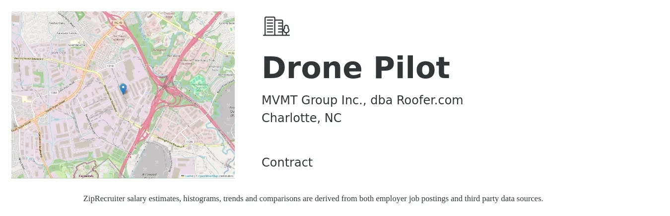 MVMT Group Inc., dba Roofer.com job posting for a Drone Pilot in Charlotte, NC with a salary of $20 Hourly with a map of Charlotte location.