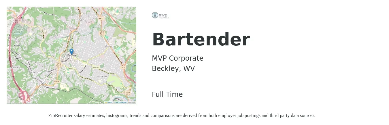 MVP Corporate job posting for a Bartender in Beckley, WV with a salary of $9 Hourly with a map of Beckley location.