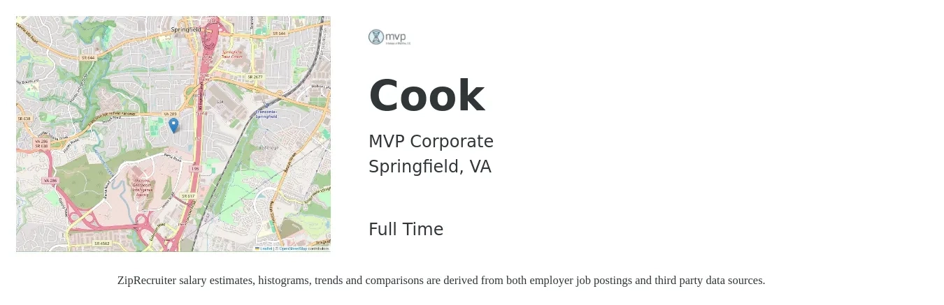MVP Corporate job posting for a Cook in Springfield, VA with a salary of $17 Hourly with a map of Springfield location.