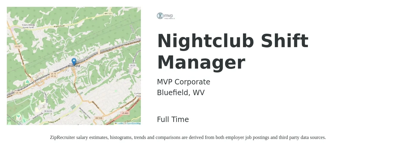 MVP Corporate job posting for a Nightclub Shift Manager in Bluefield, WV with a salary of $47,000 to $68,600 Yearly with a map of Bluefield location.