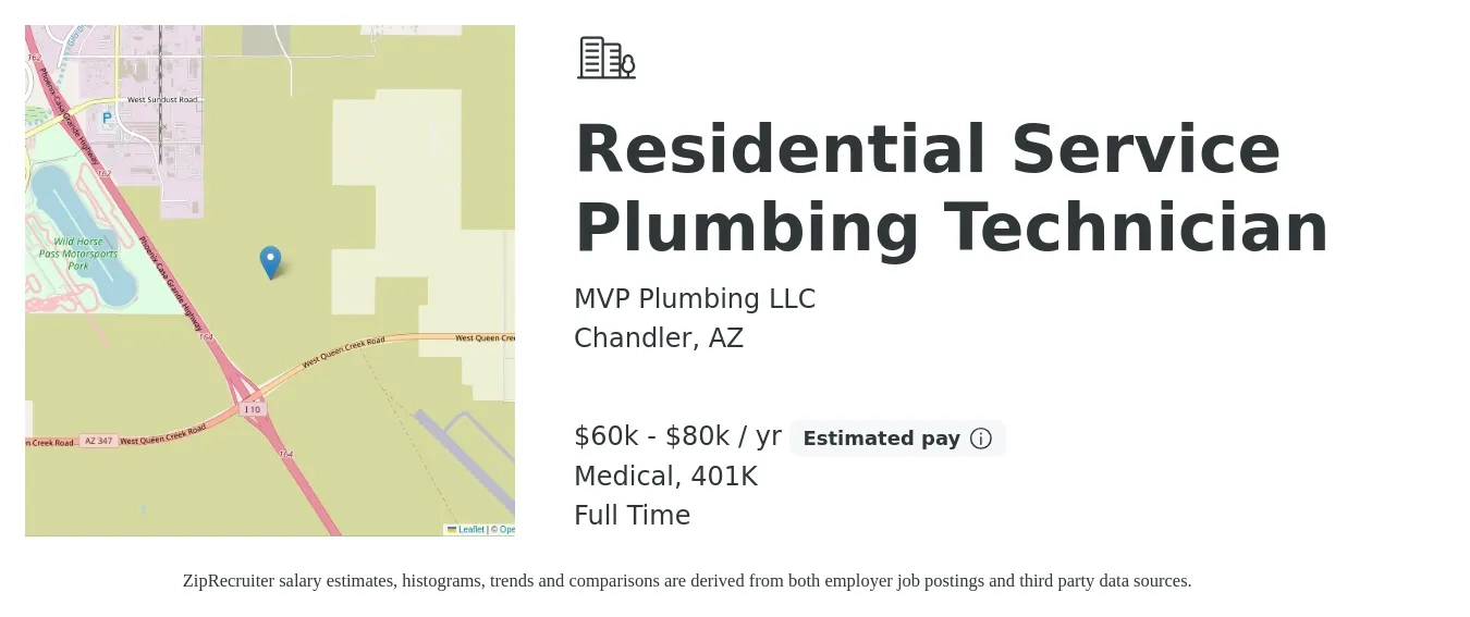 MVP Plumbing LLC job posting for a Residential Service Plumbing Technician in Chandler, AZ with a salary of $60,000 to $80,000 Yearly and benefits including medical, and 401k with a map of Chandler location.