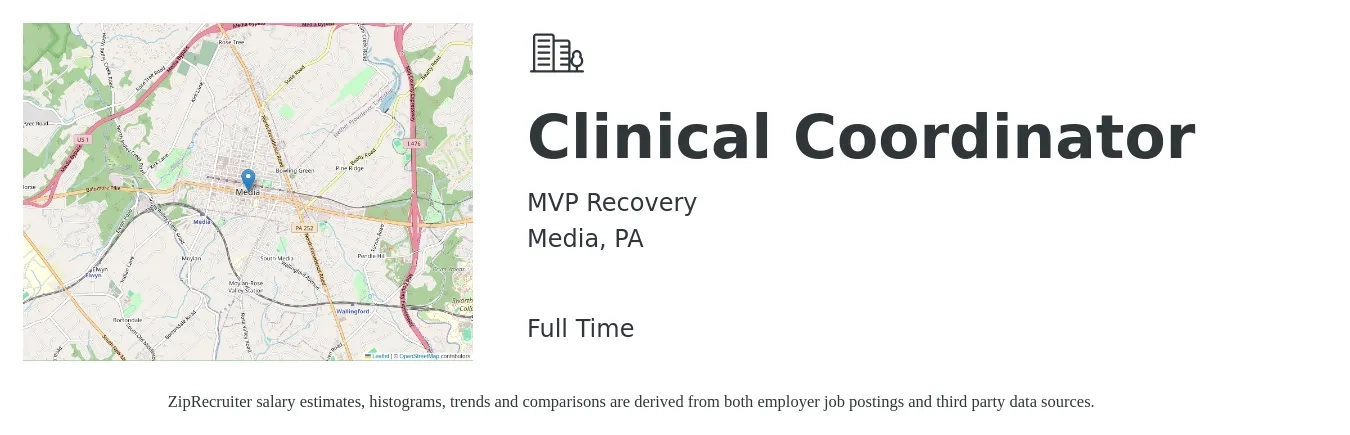 MVP Recovery job posting for a Clinical Coordinator in Media, PA with a salary of $22 to $35 Hourly with a map of Media location.