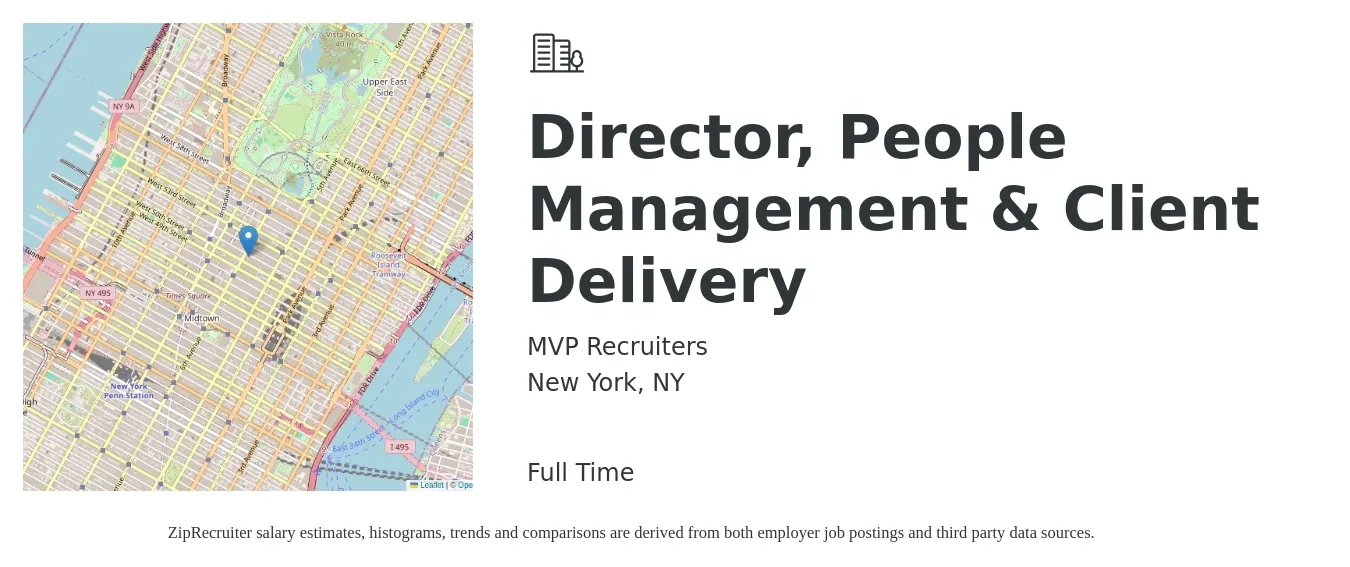 MVP Recruiters job posting for a Director, People Management & Client Delivery in New York, NY with a salary of $77,100 to $165,200 Yearly with a map of New York location.