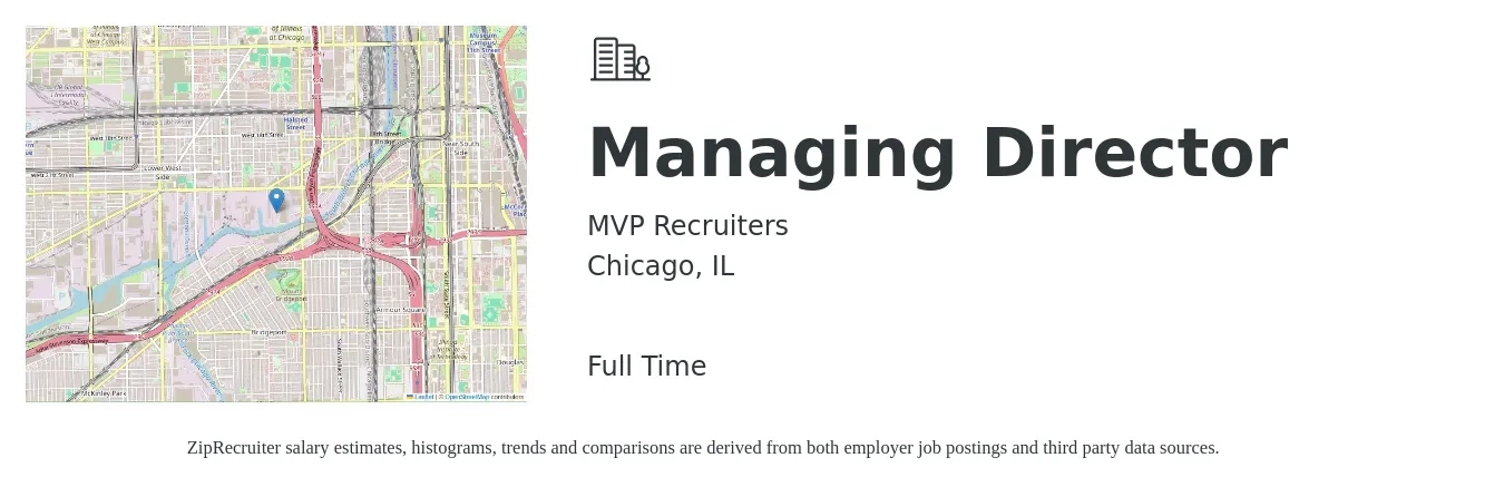 MVP Recruiters job posting for a Managing Director in Chicago, IL with a salary of $94,300 to $192,600 Yearly with a map of Chicago location.