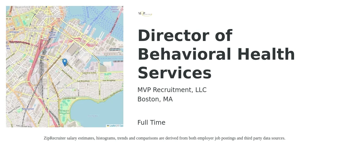 MVP Recruitment, LLC job posting for a Director of Behavioral Health Services in Boston, MA with a salary of $91,800 to $138,000 Yearly with a map of Boston location.
