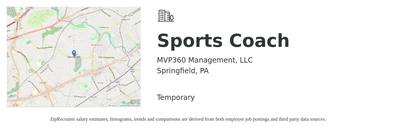 MVP360 Management, LLC job posting for a Sports Coach in Springfield, PA with a salary of $850 to $1,000 Weekly with a map of Springfield location.